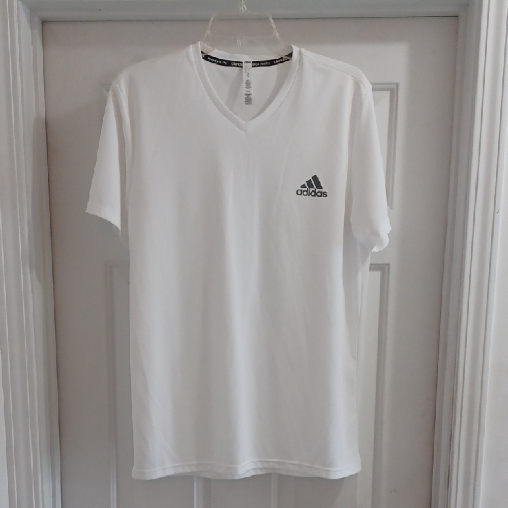 Adidas White V-Neck Men's Athletic Tee with Logo